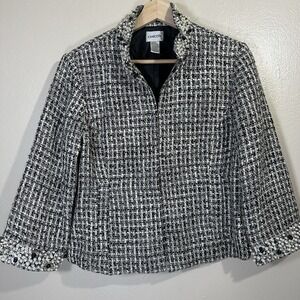 Chicos Whiners SZ 1 M Chic Pearl Jacqueline Jacket In Black & White Tweed Pearls